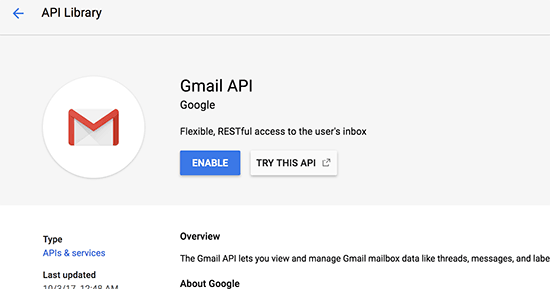 Gmail API را فعال کنید